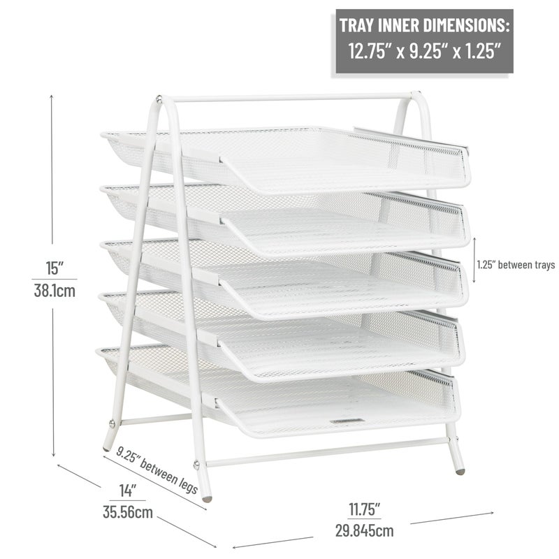 Mind Reader 5-Tier Paper Tray Organizer, Vertical Desktop File Storage Rack, Office, Metal Mesh, White - Image 3
